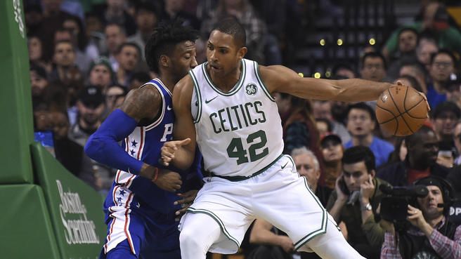 Nov 30, 2017; Boston, MA, USA; Boston Celtics forward Al Horford (42) controls the ball while Philadelphia 76ers forward Robert Covington (33) defends during the second half at TD Garden. Mandatory Credit: Bob DeChiara-USA TODAY Sports