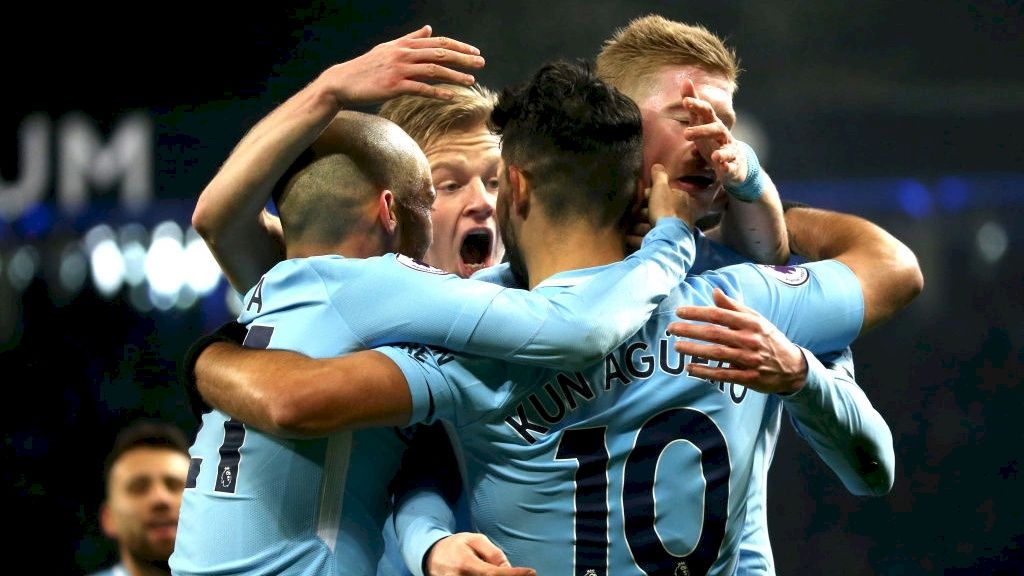 during the Premier League match between Manchester City and Newcastle United at Etihad Stadium on January 20, 2018 in Manchester, England.