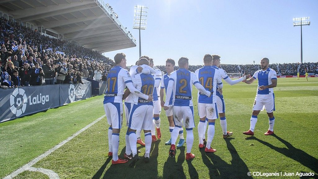 Los jugadores pepineros celebrando el gol de la victoria ante el Villareal en la jornada 14. / CD Leganés-Juan Aguado.