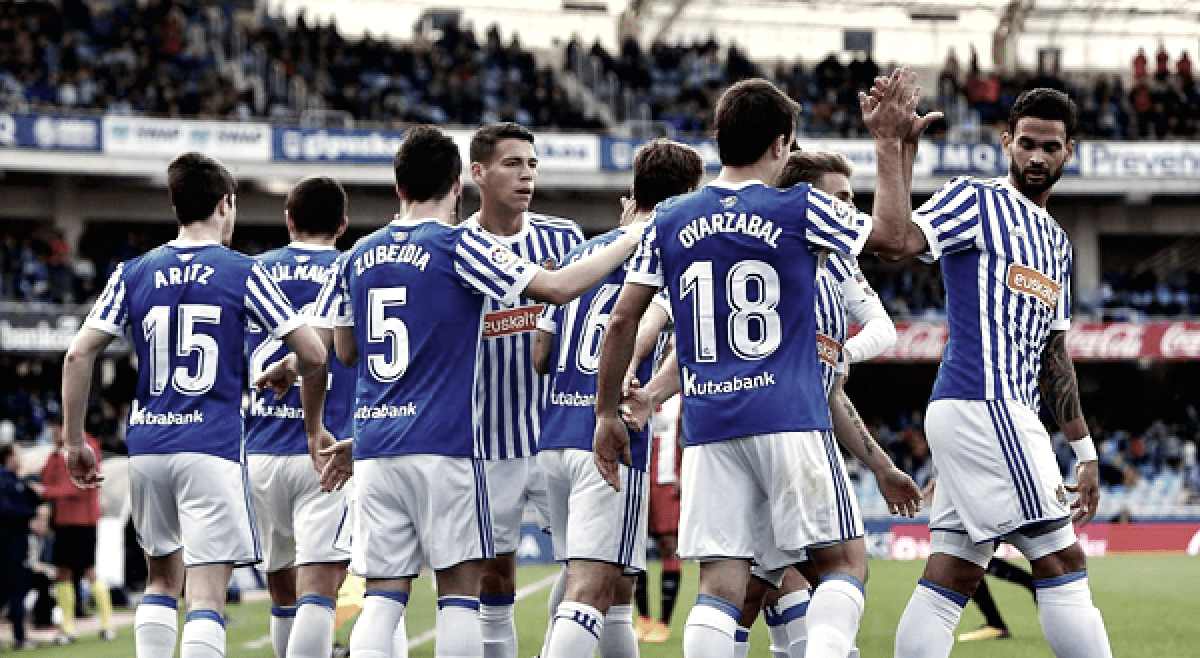 La Real Sociedad celebrando uno de sus goles al Girona esta temporada. / Fuente: www.realsociedad.eus