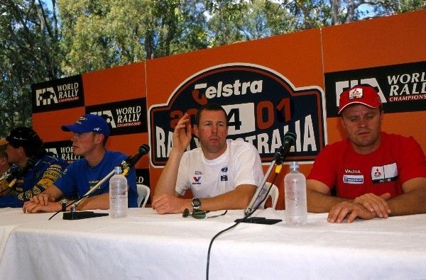 The three title contenders. Colin McRae (GBR) (C) Ford, has problems with wee beasties, while Tommi Makinen (FIN) (R) Mitsubishi suffers back pain and Richard Burns (GBR) (L) Subaru comtemplates the championship.
World Rally Championship, Rally of Australia, Perth, Australia, 1-4 November 2001
BEST IMAGE