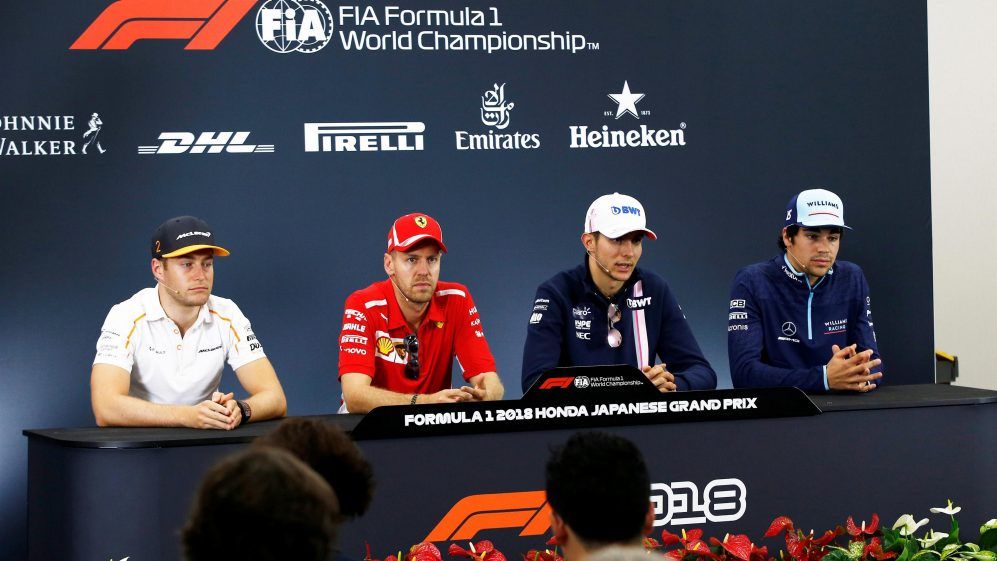 De izquierda a derecha: Stoffel Vandoorne (McLaren), Sebastian Vettel (Ferrari), Esteban Ocon (Force India) y Lance Stroll (Williams). Vía: Formula1.com