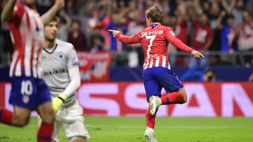 Atletico Madrid's French forward Antoine Griezmann celebrates after scoring during the UEFA Champions League group A football match between Club Atletico de Madrid and Club Brugge at the Wanda Metropolitano stadium in Madrid on October 3, 2018. (Photo by JAVIER SORIANO / AFP)        (Photo credit should read JAVIER SORIANO/AFP/Getty Images)