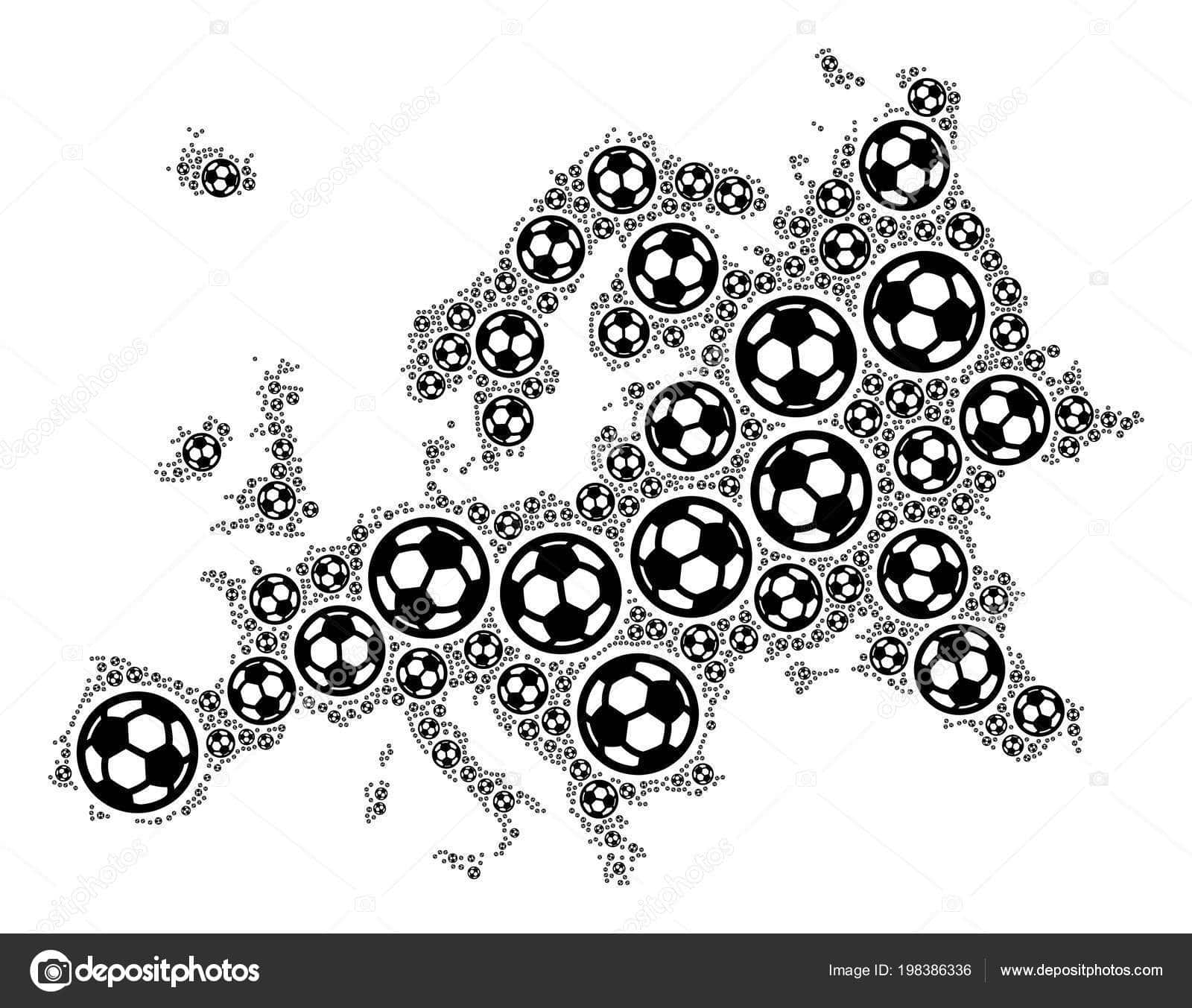 Football Europe map. Vector geographic plan created from soccer spheres in variable sizes. Abstract Europe map mosaic is done of scattered soccer balls. Mosaic pattern for sport championship collages.