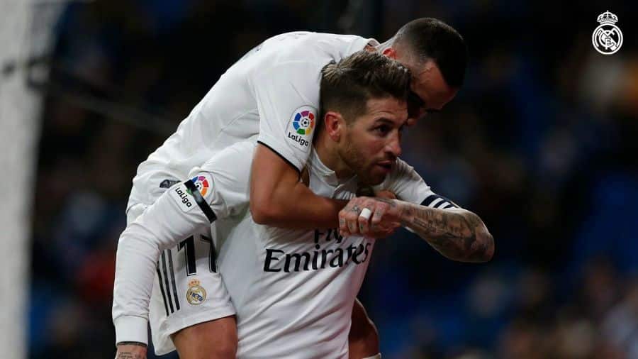 Sergio Ramos celebra un gol con el Real Madrid con Lucas Vázquez. Foto: Real Madrid Club de Fútbol.