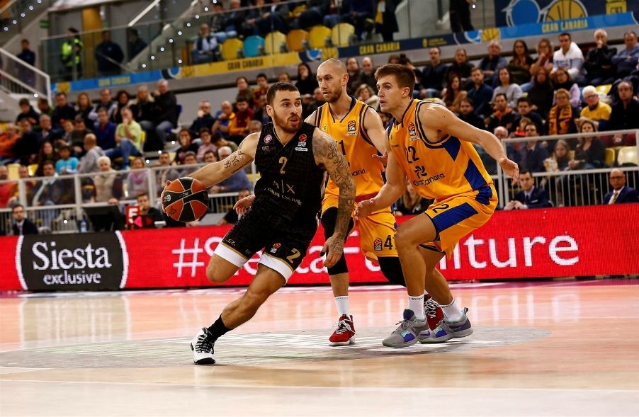 Mike James entra a canasta ante Xavi Rabaseda en un Gran Canaria - Olimpia Milano. Foto: Turkish Airlines Euroleague.
