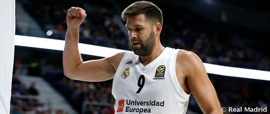 Felipe Reyes celebra una canasta en un partido como jugador del Real Madrid. Foto: Real Madrid.