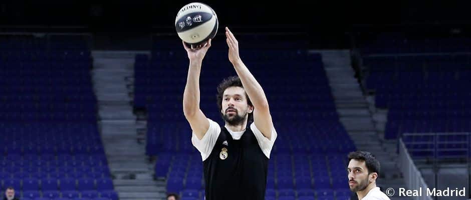 Sergio Llull lanza a canasta en un entrenamiento con el Real Madrid. Foto: Real Madrid.