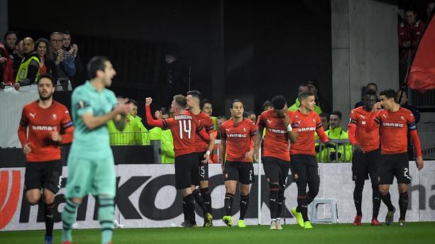 Jugadores del Stade Rennes celebran uno de los goles