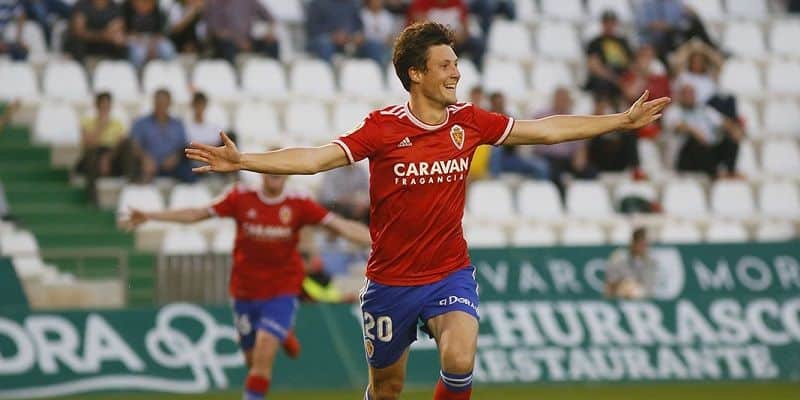 Gual celebra uno de sus tantos frente al Córdoba | Imagen: Real Zaragoza