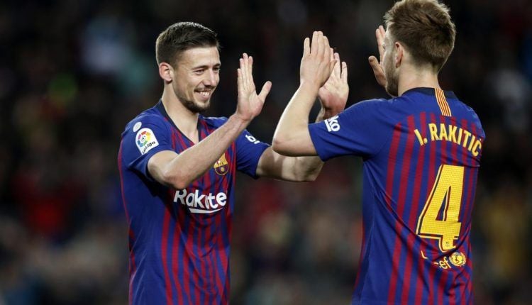 Lenglet celebra con Rakitic el gol que abrió el marcador en el Camp Nou (Foto: FC Barcelona)