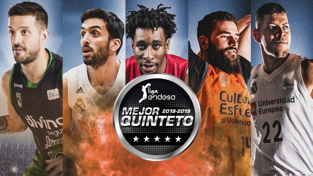 Nicolás Laprovittola, Facundo Campazzo, Stan Okoye, Bojan Dubljevic y Walter Tavares, el mejor quinteto de la Liga Endesa de la temporada 2018 / 2019. Foto: ACB.