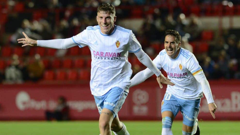 Pep Biel celebra un gol con el Real Zaragoza