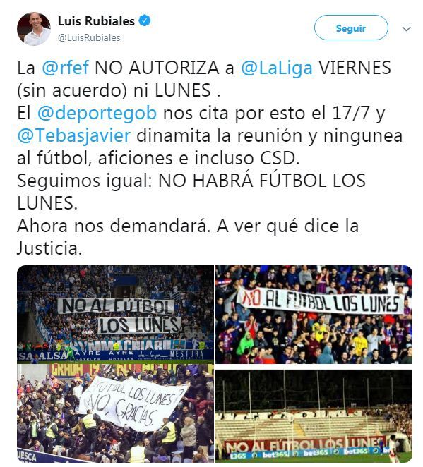 Tweet en el que Luis Rubiales volvió a mostrar su rechazo a la decisión unilateral de LaLiga