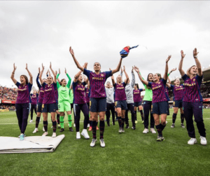 Las jugadoras del FC Barcelona Femení celebrando su clasificación a la final de la Champions de la pasada temporada