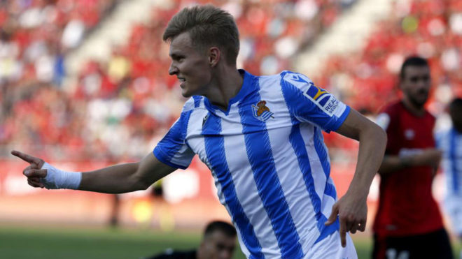 Martin Ødegaard celebra su gol frente al Mallorca con la Real Sociedad