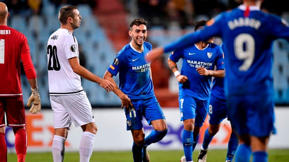 Munir celebra el 0-3 en el partido en el Jozy barthel luxemburgués