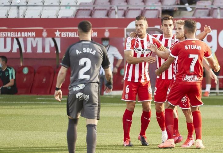 Jugadores del Girona celebran el 1-0 frente al Numancia