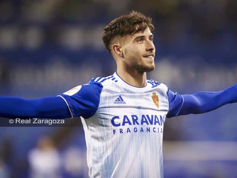 Javi Puado celebra un tanto en su estancia en el Real Zaragoza