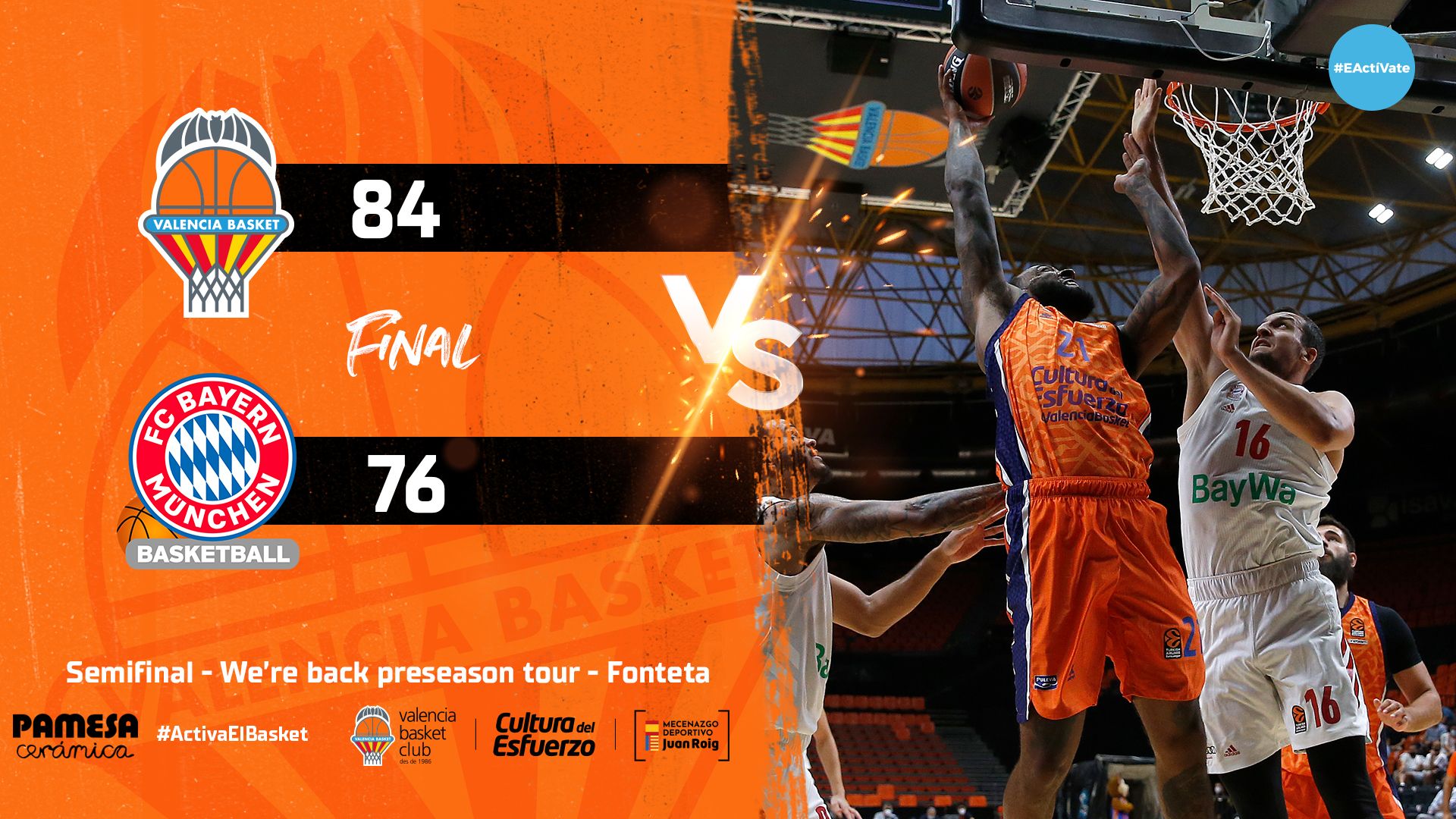 Valencia BC gana al Bayern de Múnich en la semifinal de la preseason tour. Fuente: Valencia Basket.