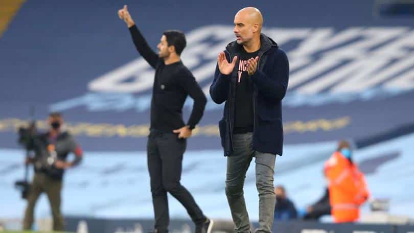 Pep Guardiola y Arteta, los técnicos en el partido.    Fuente: es.mancity.com