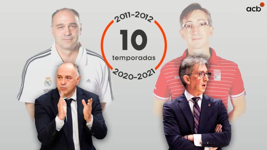 Fotomontaje de la Liga Endesa de las 10 temporadas de Pablo Laso y Moncho Fernández al frente de Real Madrid y Monbus Obradoiro respectivamente. Foto: Liga Endesa.