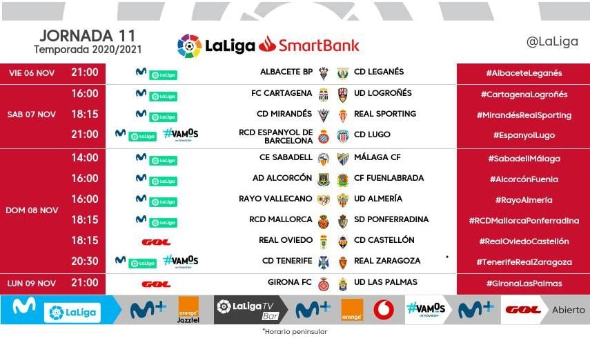 Horarios para la jornada 11 de LaLiga SmartBank