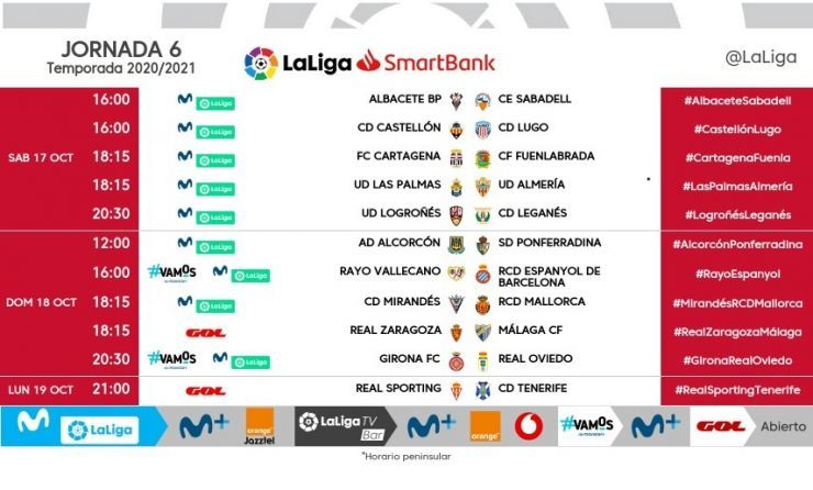 Horarios de la jornada 6 de LaLiga SmartBank