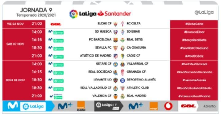 Horarios de la jornada 9 de LaLiga Santander