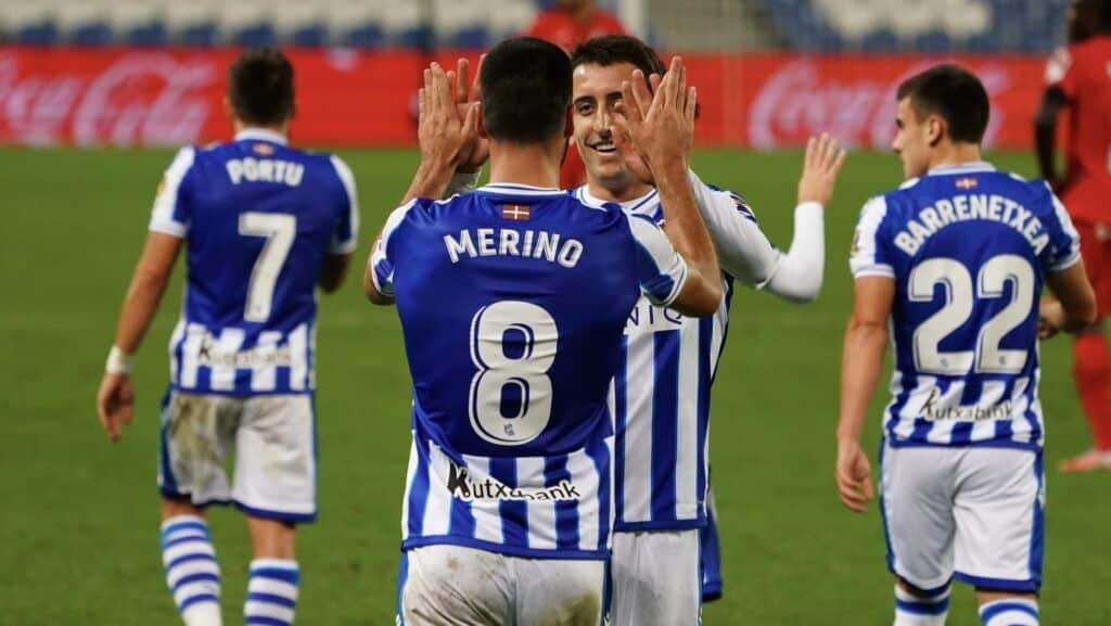 Merino y Oyarzabal celebran el gol ante el Getafe CF Fuente: Twitter Real Sociedad