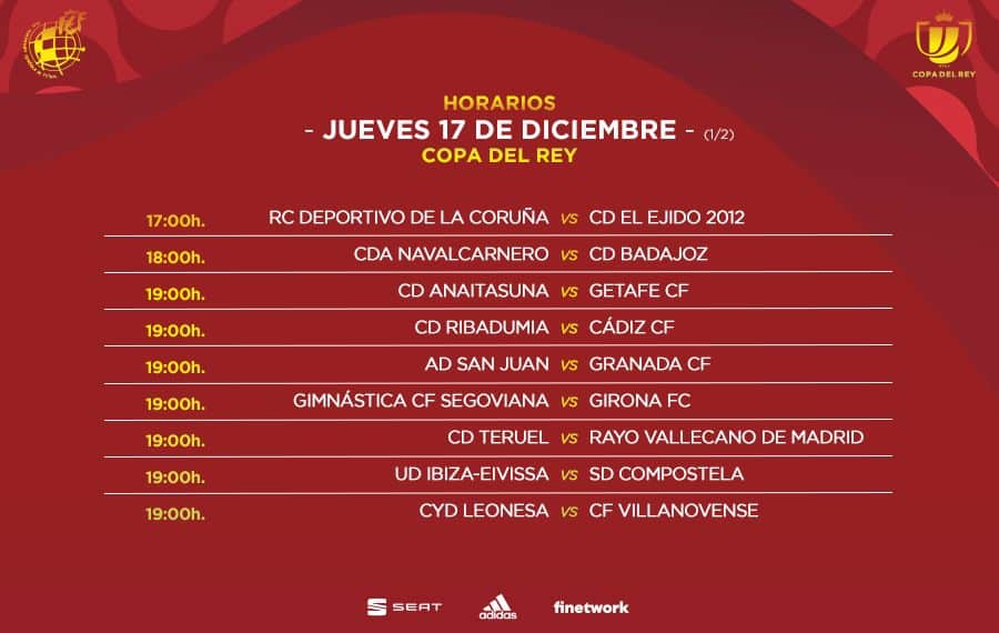 Primera parte de los horarios de los partidos del jueves de la primera ronda de Copa del Rey