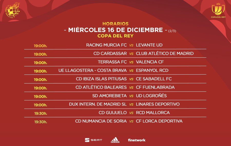 Segunda parte de los horarios de los partidos del miércoles de la primera ronda de Copa del Rey