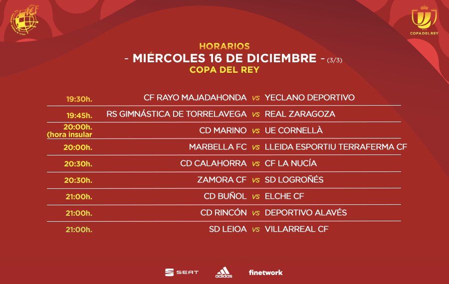 Tercera parte de los horarios de los partidos del miércoles de la primera ronda de Copa del Rey