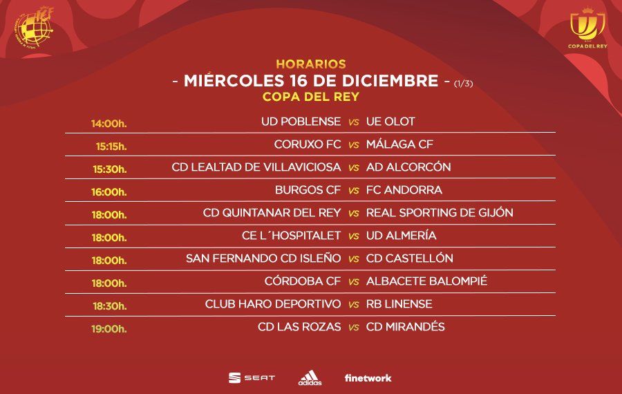 Primera parte de los horarios de los partidos del miércoles de la primera ronda de Copa del Rey