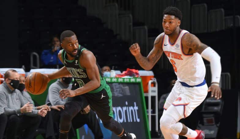 BOSTON, MA - JANUARY 17: Kemba Walker #8 of the Boston Celtics handles the ball during the game against the New York Knicks on January 17, 2021 at the TD Garden in Boston, Massachusetts.  NOTE TO USER: User expressly acknowledges and agrees that, by downloading and or using this photograph, User is consenting to the terms and conditions of the Getty Images License Agreement. Mandatory Copyright Notice: Copyright 2021 NBAE  (Photo by Brian Babineau/NBAE via Getty Images)