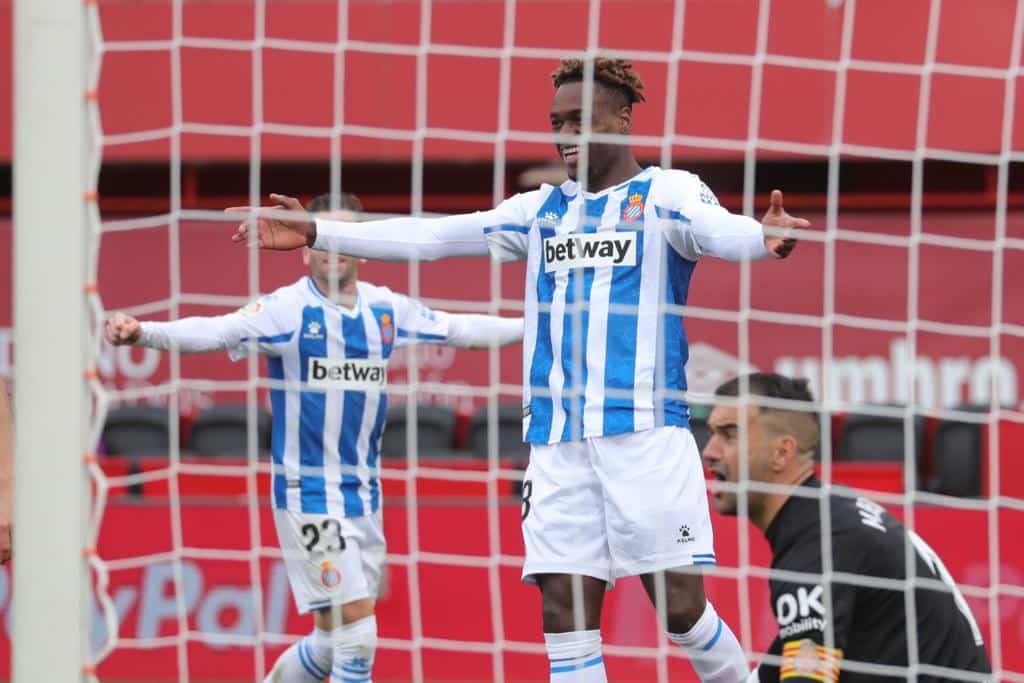 Landry Dimata tras anotar su primer gol en Mallorca con el Espanyol