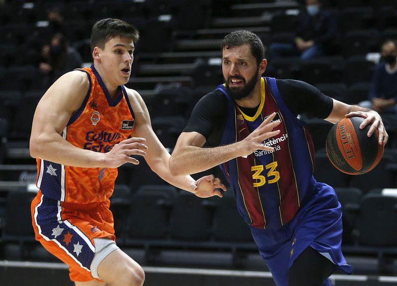 Jaime Pradilla defendiendo a Nikola Mirotic. Futuro y presente del baloncesto europeo. Fuente: M.A. Polo (Valencia Basket).