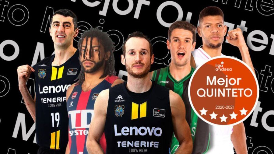 Giorgi Shermadini, Pierria Henry, Marcelinho Huertas, Xabier López-Arostegui y Walter Tavares, integrantes del Mejor Quinteto de la Liga Endesa de la temporada 2020/2021. Foto: Liga Endesa.