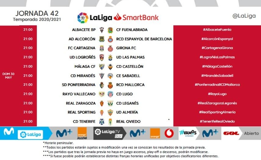 Horarios de la jornada 42 de LaLiga SmartBank