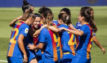 Celebración de un gol del FC Barcelona Femení.