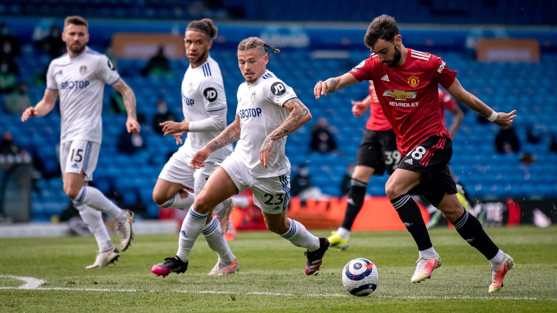LEEDS, ENGLAND - APRIL 25:  Bruno Fernandes of Manchester United in action during the Premier League match between Leeds United and Manchester United at Elland Road on April 25, 2021 in Leeds, United Kingdom. Sporting stadiums around the UK remain under strict restrictions due to the Coronavirus Pandemic as Government social distancing laws prohibit fans inside venues resulting in games being played behind closed doors. (Photo by Ash Donelon/Manchester United via Getty Images)