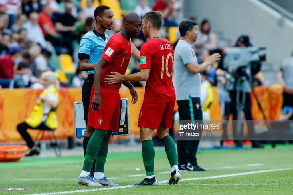 BIELSKO-BIALA, POLAND - MAY 25: Nuno Pina of Portugal substitutes Miguel Luis of Portugal during the 2019 FIFA U-20 World Cup group F match between Portugal and Korea Republic at Bielsko-Biala Stadium on May 25, 2019 in Bielsko-Biala, Poland. (Photo by TF-Images/Getty Images)