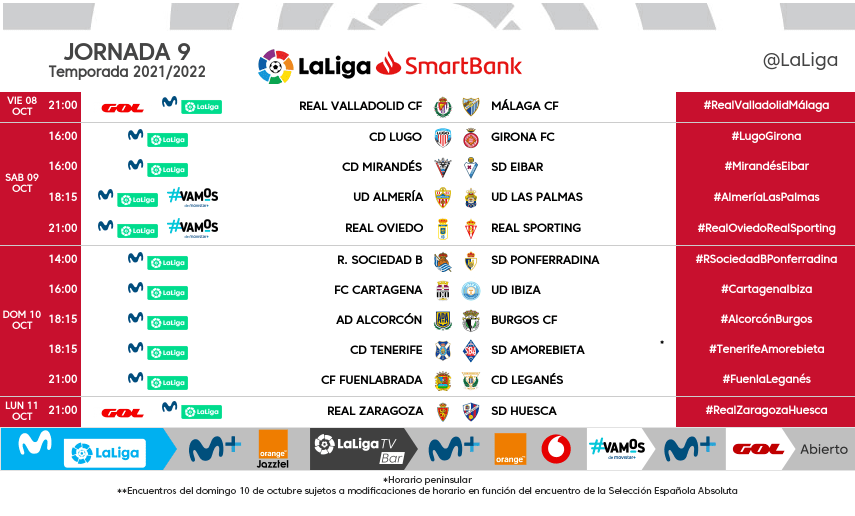 Horarios de la jornada 9 de LaLiga SmartBank