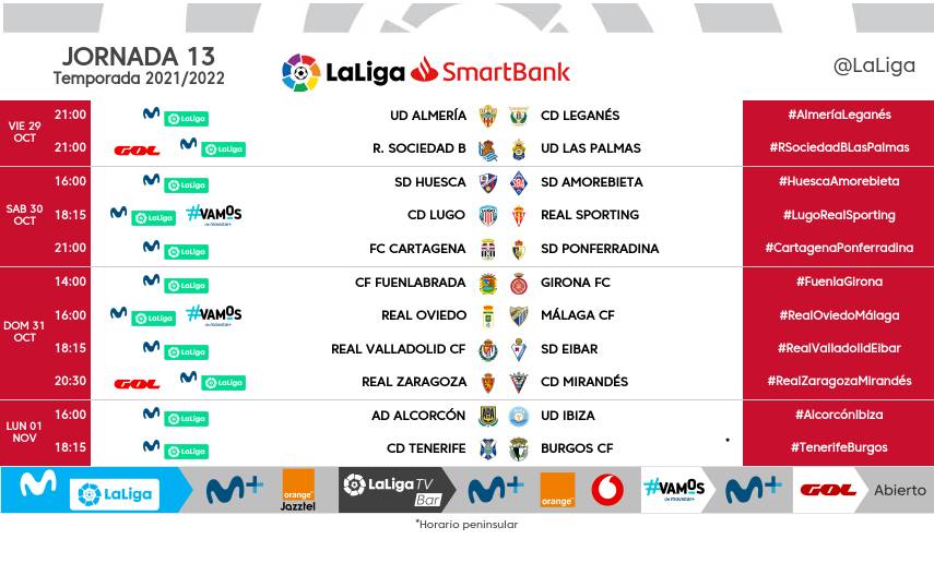 Horarios para la jornada 13 de LaLiga SmartBank