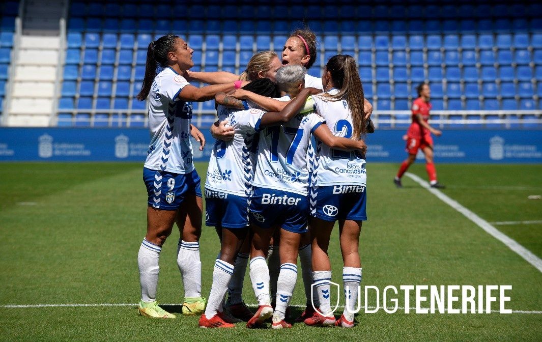 Las jugadoras locales celebrando sobre el césped del Heliodoro. Fuente: @UDGTenerife