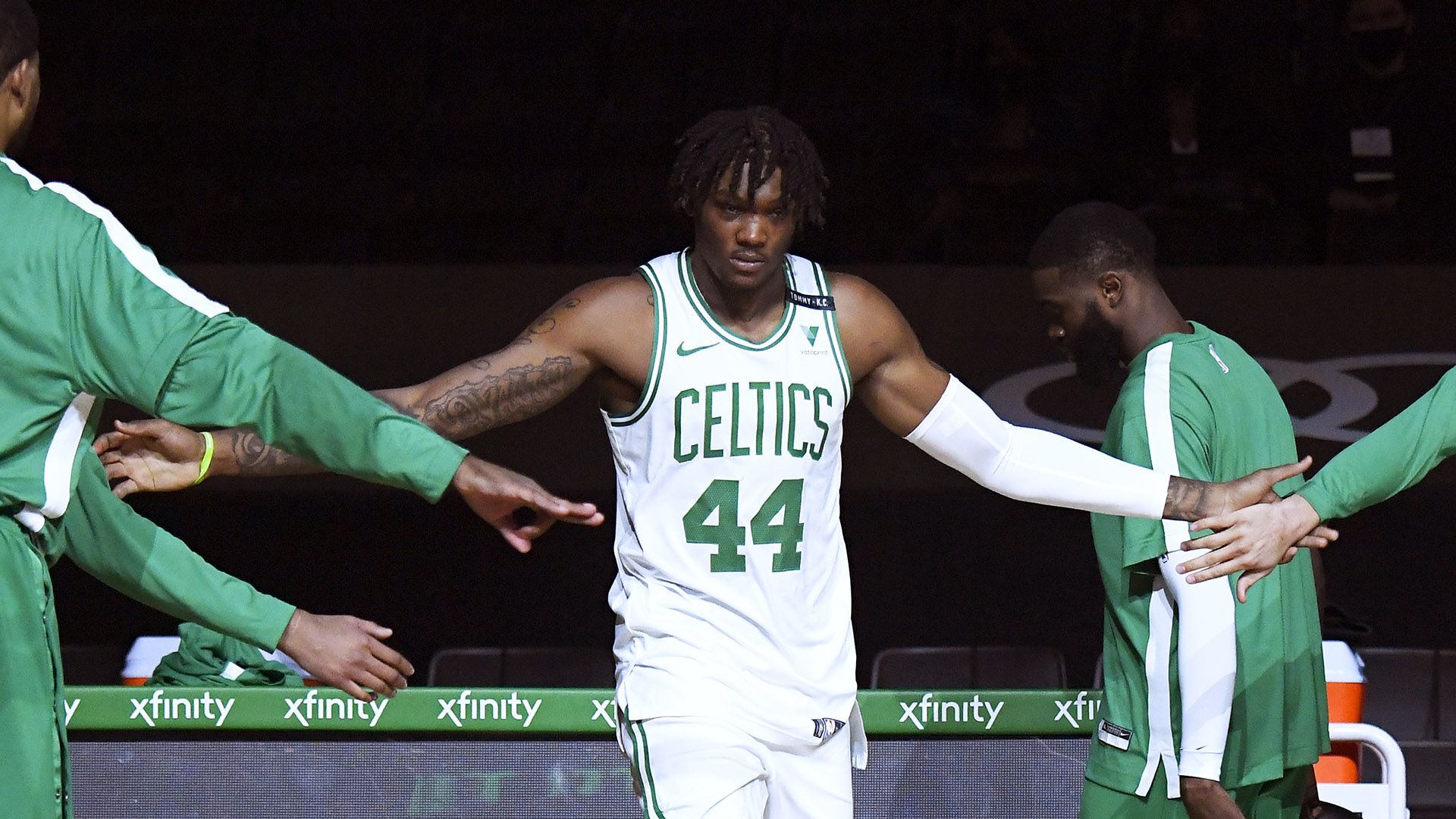BOSTON, MA - APRIL 9: Robert Williams III #44 of the Boston Celtics is introduced before the game against the Minnesota Timberwolves on April 9, 2021 at the TD Garden in Boston, Massachusetts.  NOTE TO USER: User expressly acknowledges and agrees that, by downloading and or using this photograph, User is consenting to the terms and conditions of the Getty Images License Agreement. Mandatory Copyright Notice: Copyright 2021 NBAE  (Photo by Brian Babineau/NBAE via Getty Images)