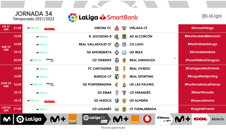 Horarios de la jornada 34 de LaLiga SmartBank