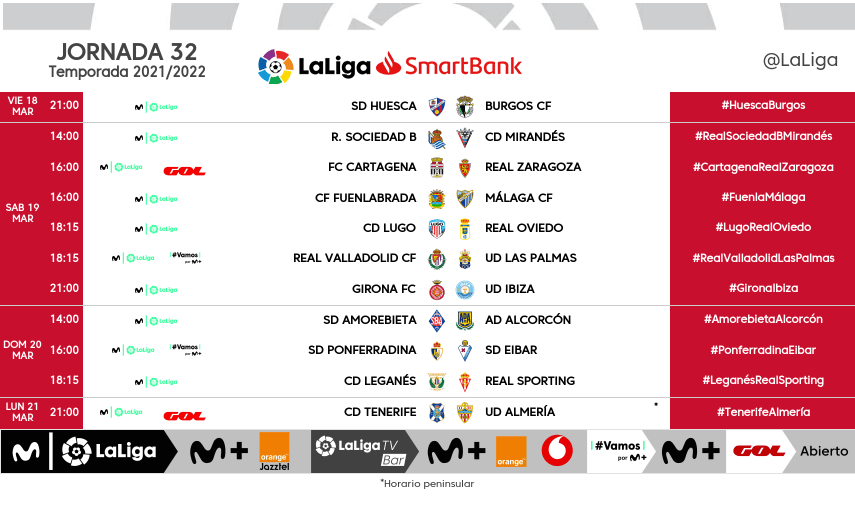 Ya se los horarios de la jornada 32 LaLiga SmartBank – Grada3.COM