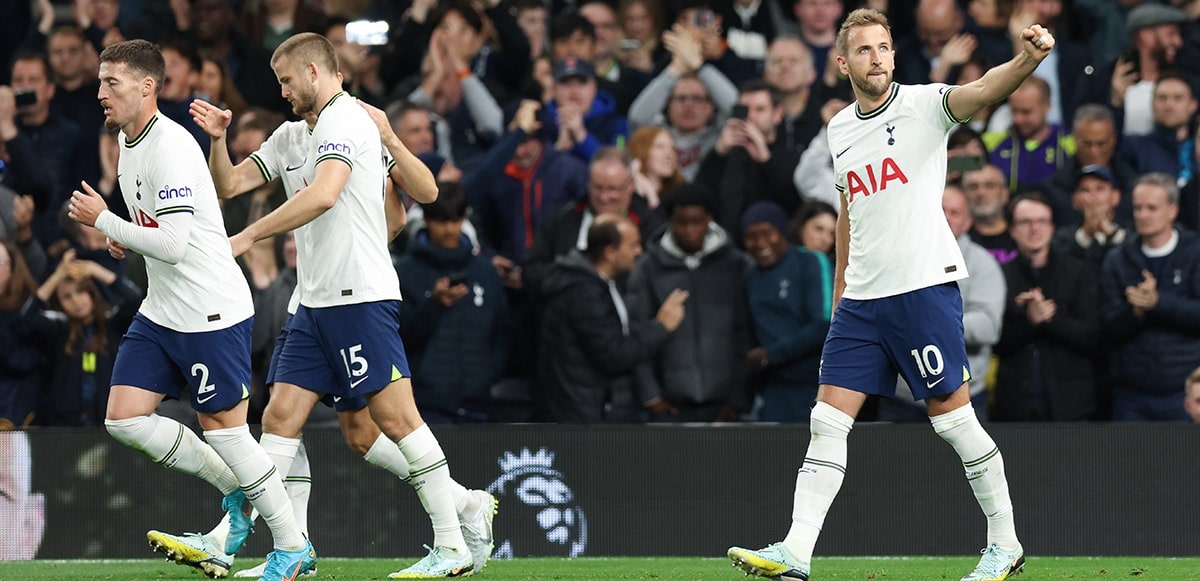 Con el puño en alto, Harry Kane festejando su noveno gol en Premier en esta temporada. Está segundo detrás de Haaland (15)