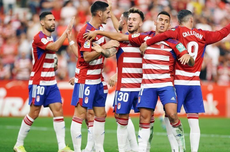 Jugadores del Granada celebran un gol de Uzuni
